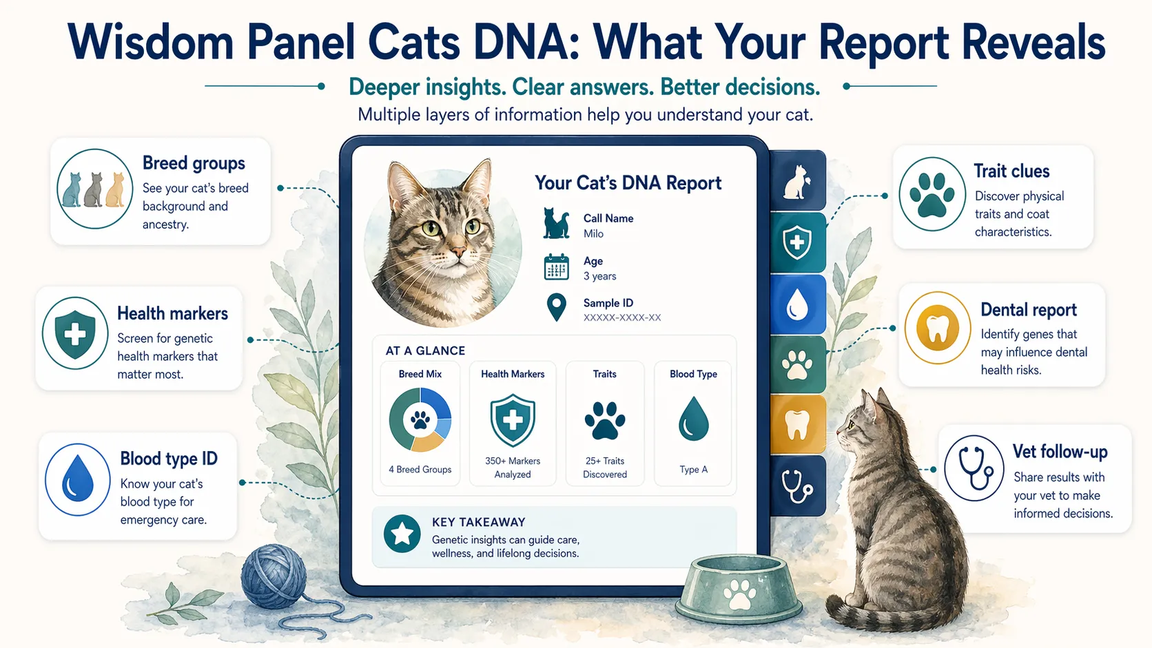 Cat DNA report illustration showing breed groups, health markers, blood type ID, trait clues, dental report, and vet follow-up.