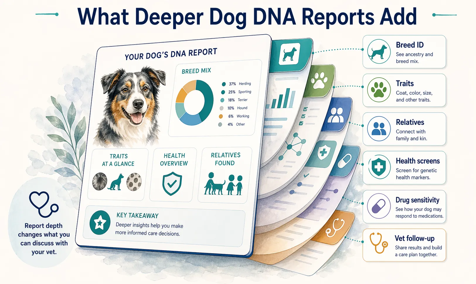 Layered dog DNA report showing how deeper reports add breed ID, traits, relatives, health screens, drug sensitivity, and vet follow-up.