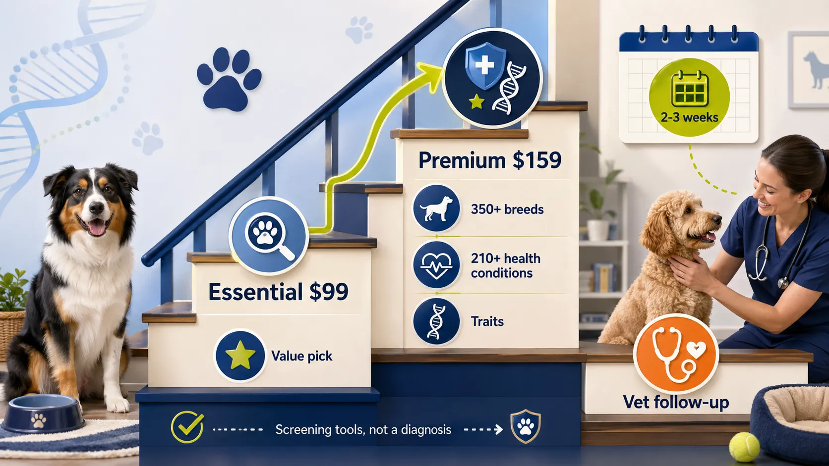 Wisdom Panel dog DNA tier staircase showing Essential, Premium, breed database, health screens, traits, turnaround, value, and vet follow-up.