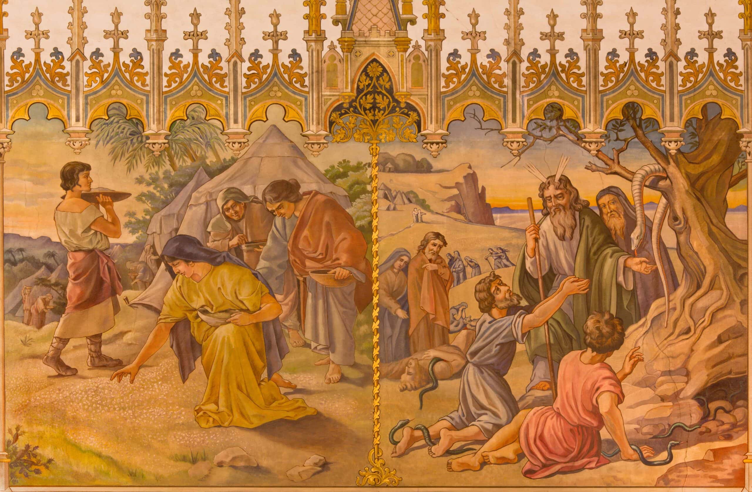 A detailed mural depicting biblical scenes. The left scene shows several people gathering manna, with a woman kneeling in front. The right scene depicts Moses with a staff, striking a rock to provide water as followers look on in awe. Ornate designs dominate the top, illustrating Canaanites today and yesterday.